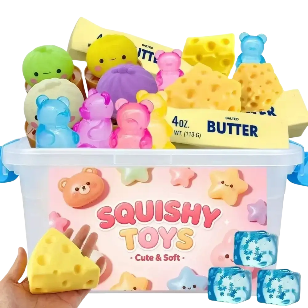 A clear plastic container with colorful squishy stress balls shaped like cheese slices and bears for sensory play