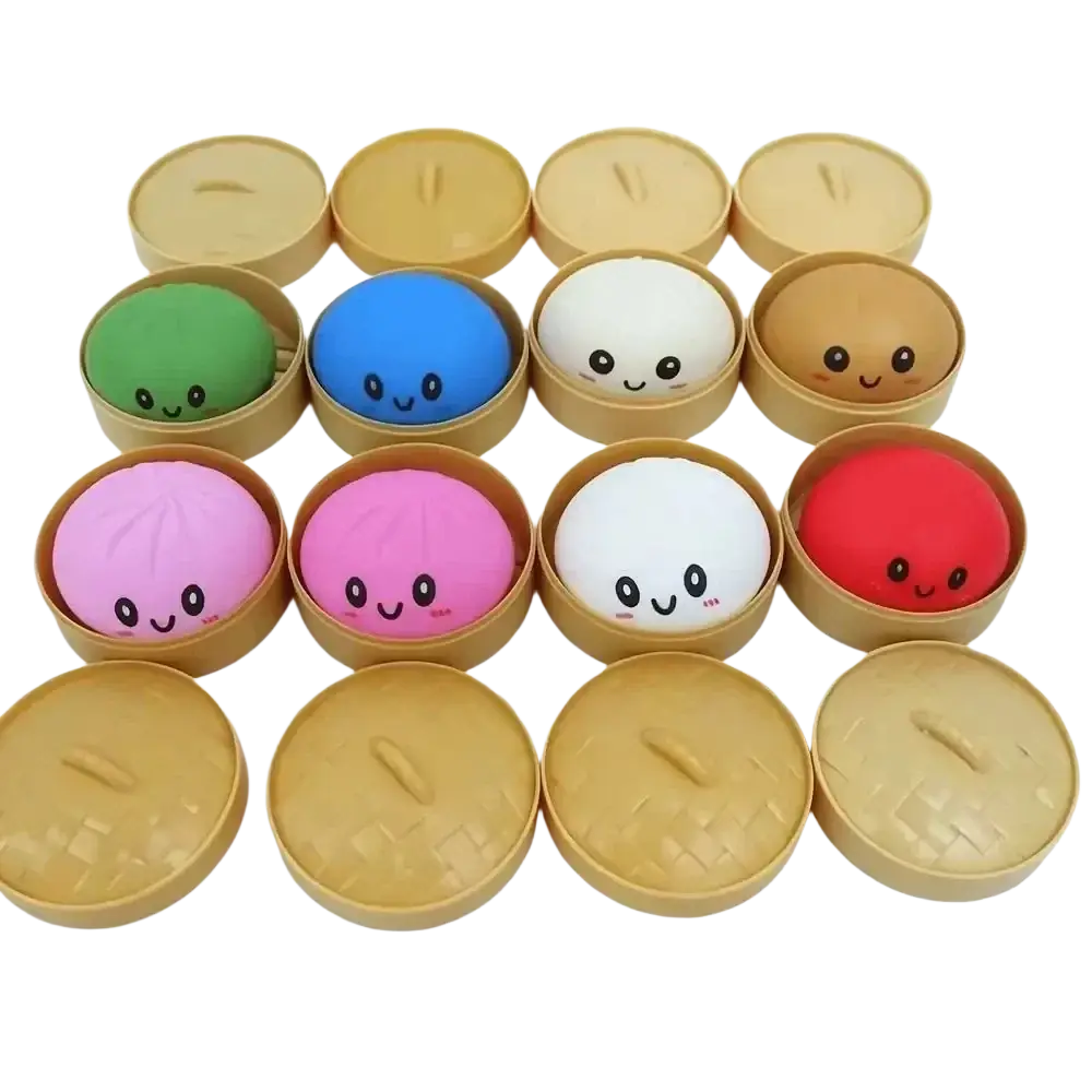 Squishy stress ball and sensory toy set featuring colorful round dumpling-shaped balls in bamboo steamer baskets
