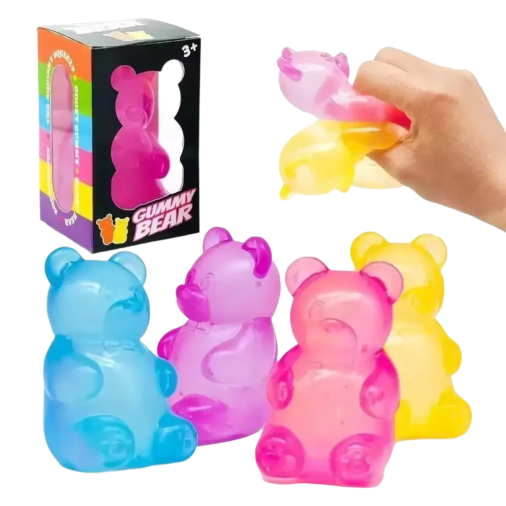 Colorful translucent gummy bear-shaped squishy stress ball and sensory toy set in blue pink and yellow