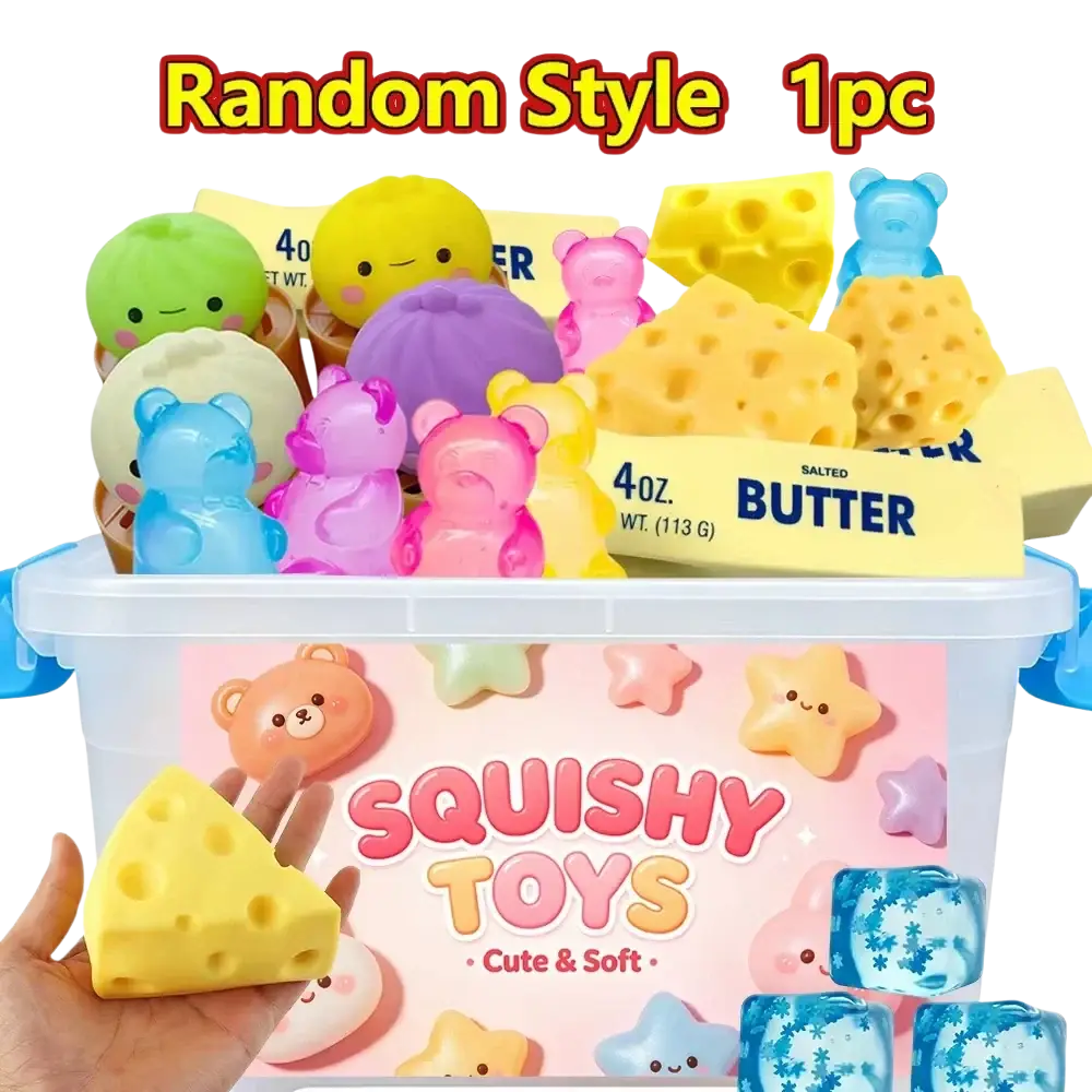 A yellow cheese-shaped squishy stress ball made of soft foam held in a hand for sensory and stress relief use