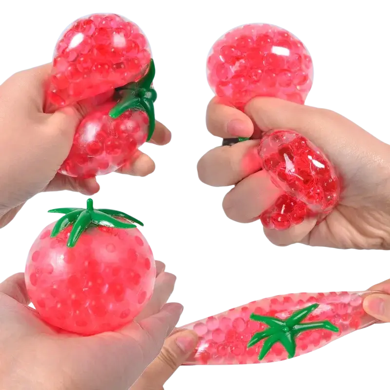 Red translucent strawberry-shaped gel bead squishy tomato stress relief squeeze balls with green plastic stems