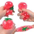 Red translucent strawberry-shaped gel bead squishy tomato stress relief squeeze balls with green plastic stems