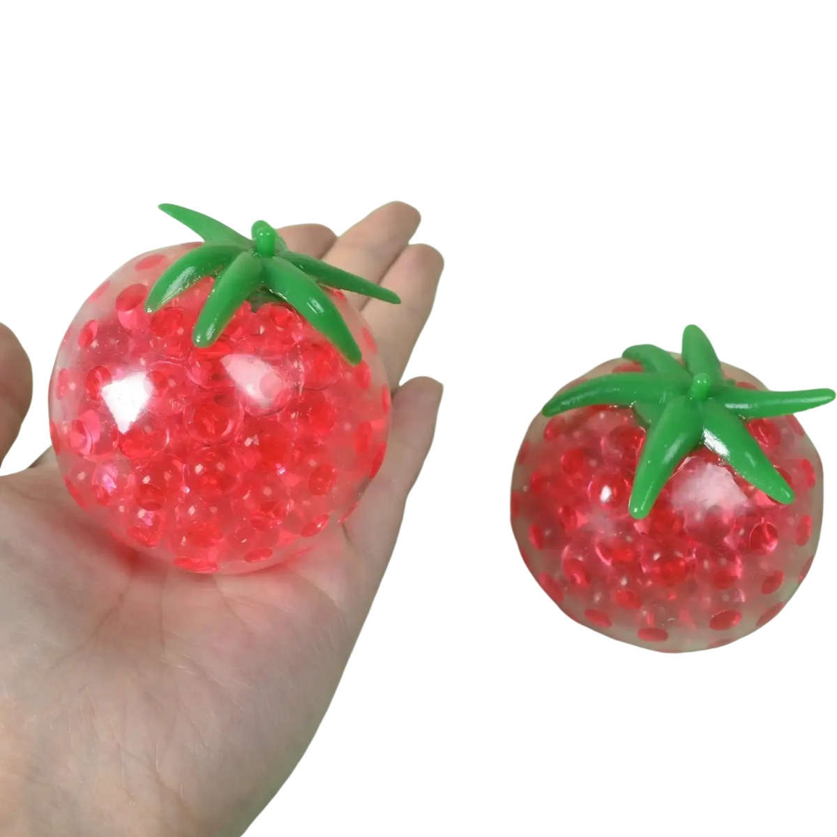 Red tomato-shaped stress relief gel bead squeeze ball with green plastic stem for squishy stress toy use