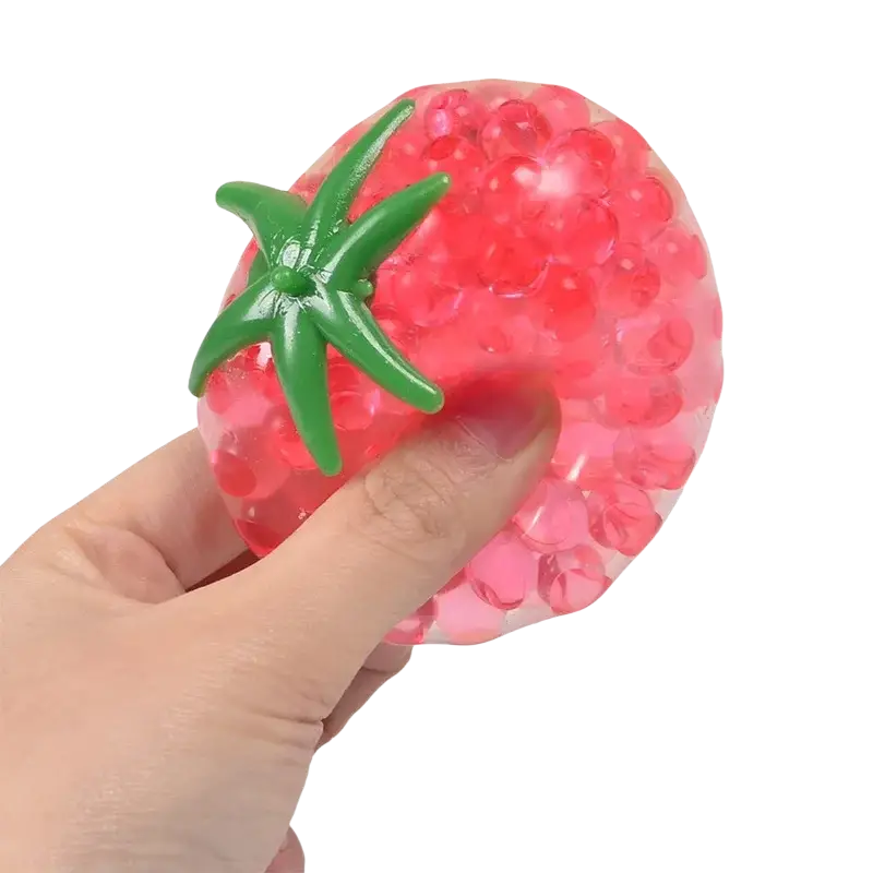 Squishy tomato stress relief toy gel bead squeeze ball with translucent pink gel beads and green plastic stem