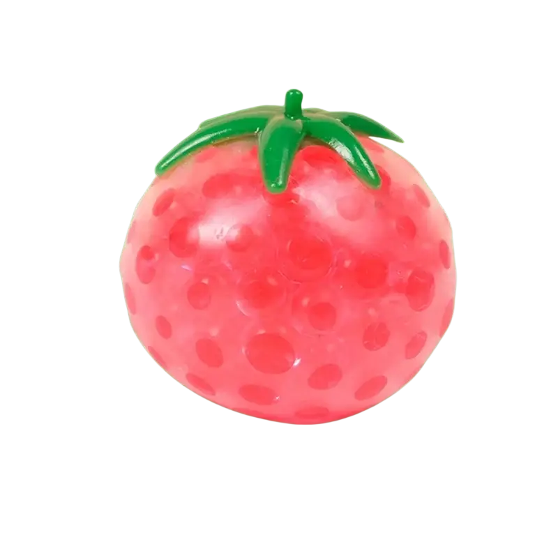 A vibrant pink strawberry-shaped gel bead squishy tomato stress relief squeeze ball with glossy finish and green leafy top