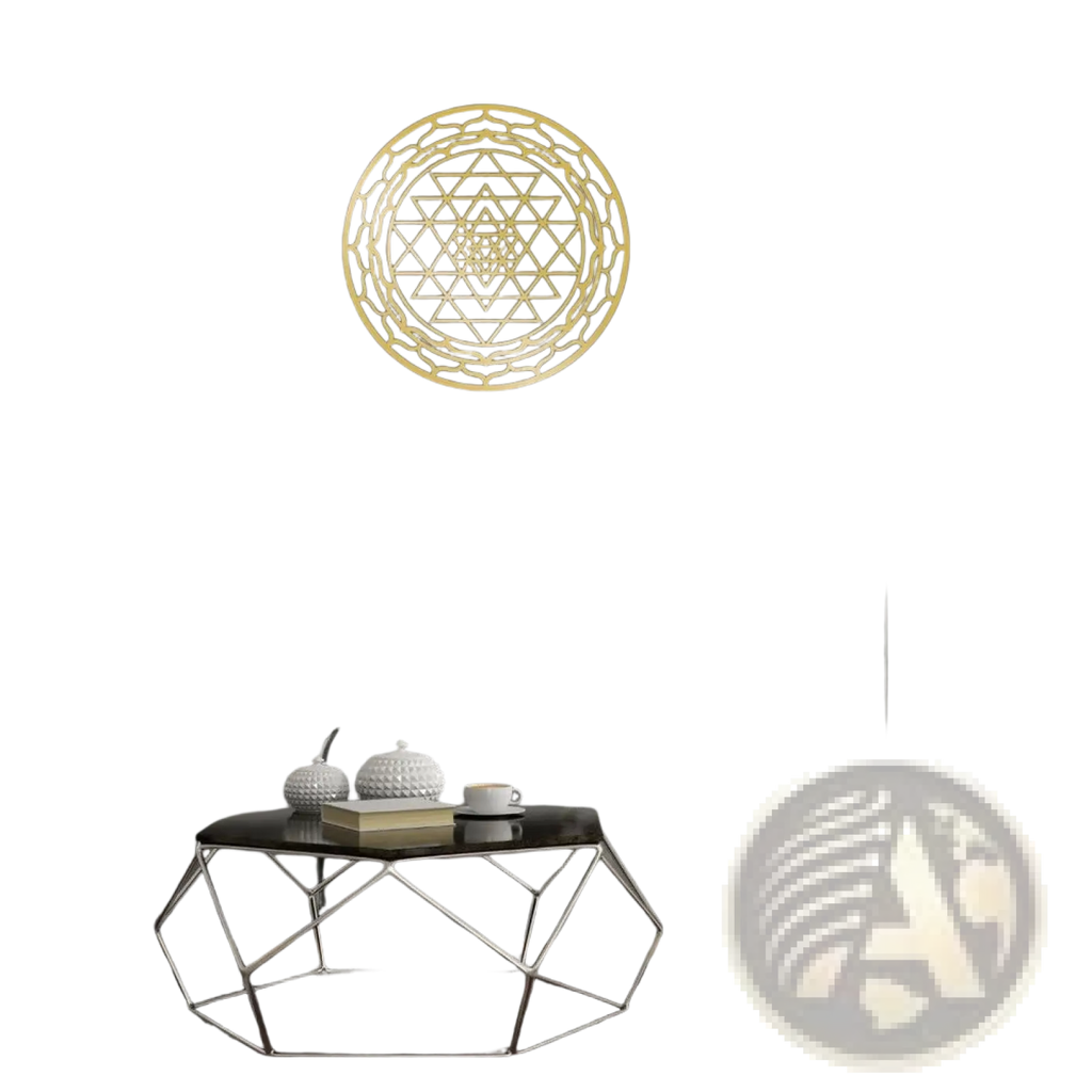 Gold-colored sri yantra sacred geometry metal wall art decor featuring intricate triangular and circular patterns