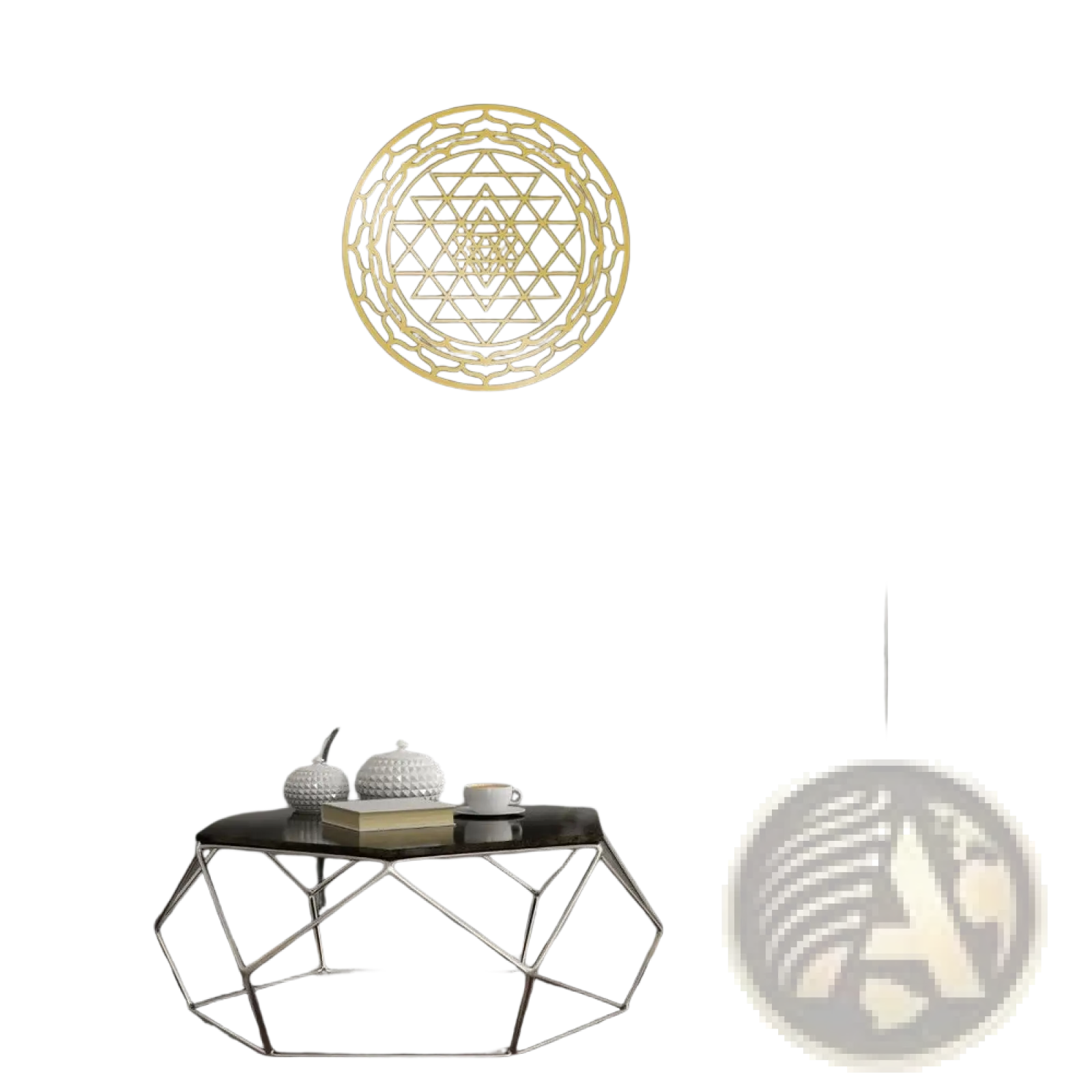 Gold-colored sri yantra sacred geometry metal wall art decor featuring intricate triangular and circular patterns