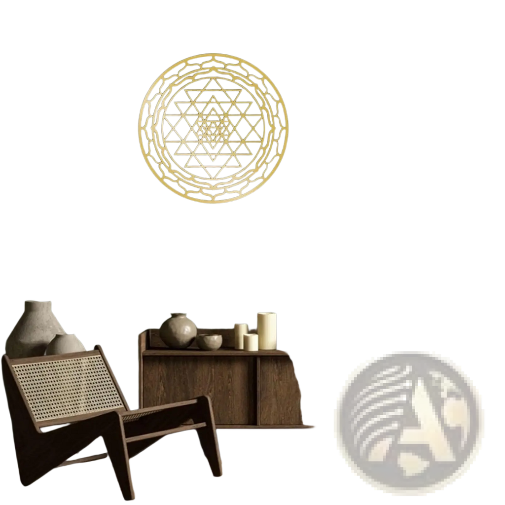 Gold-colored metal sri yantra wall art featuring intricate geometric patterns for sacred geometry decor