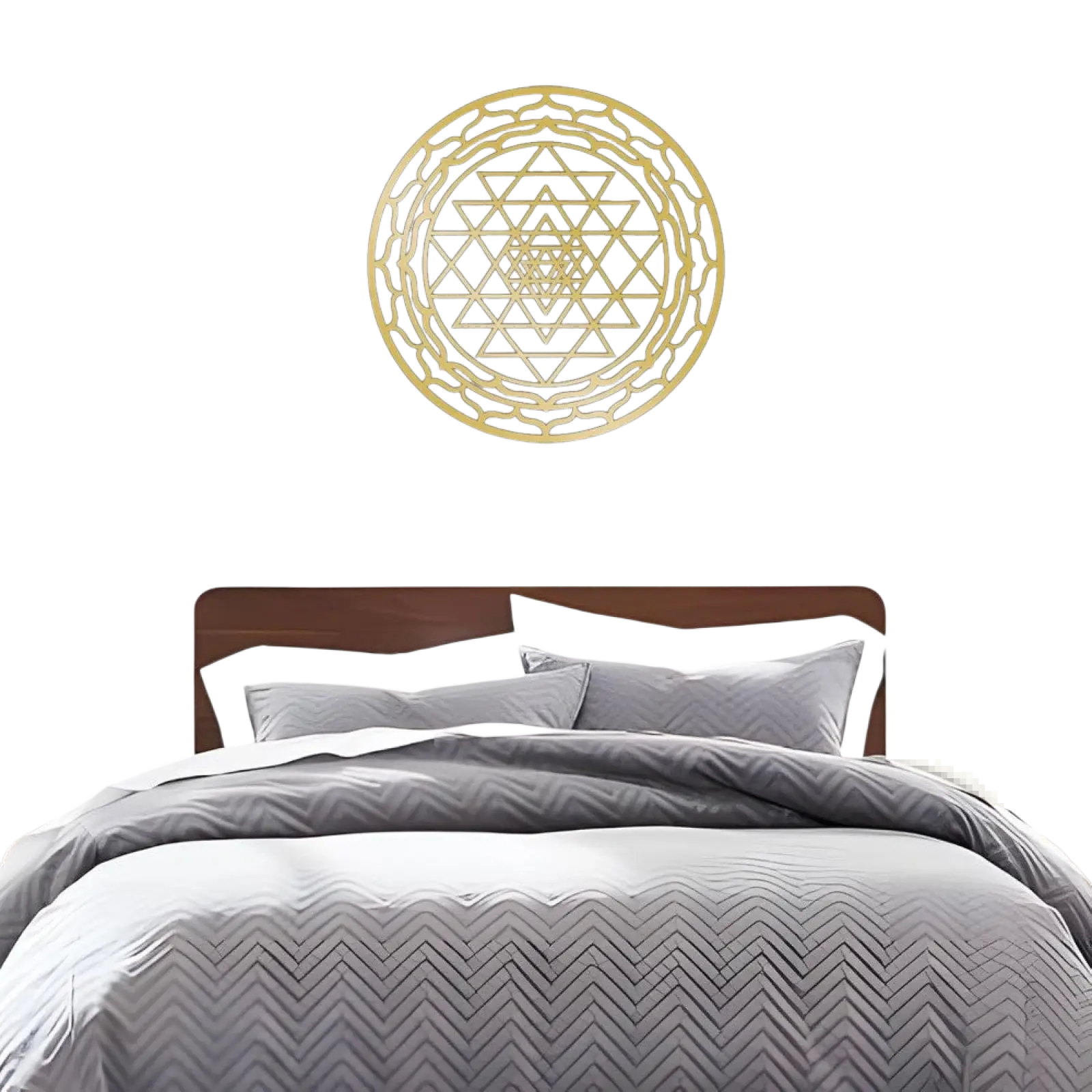 Gold-colored metallic sri yantra wall art with intricate geometric patterns for sacred geometry decor