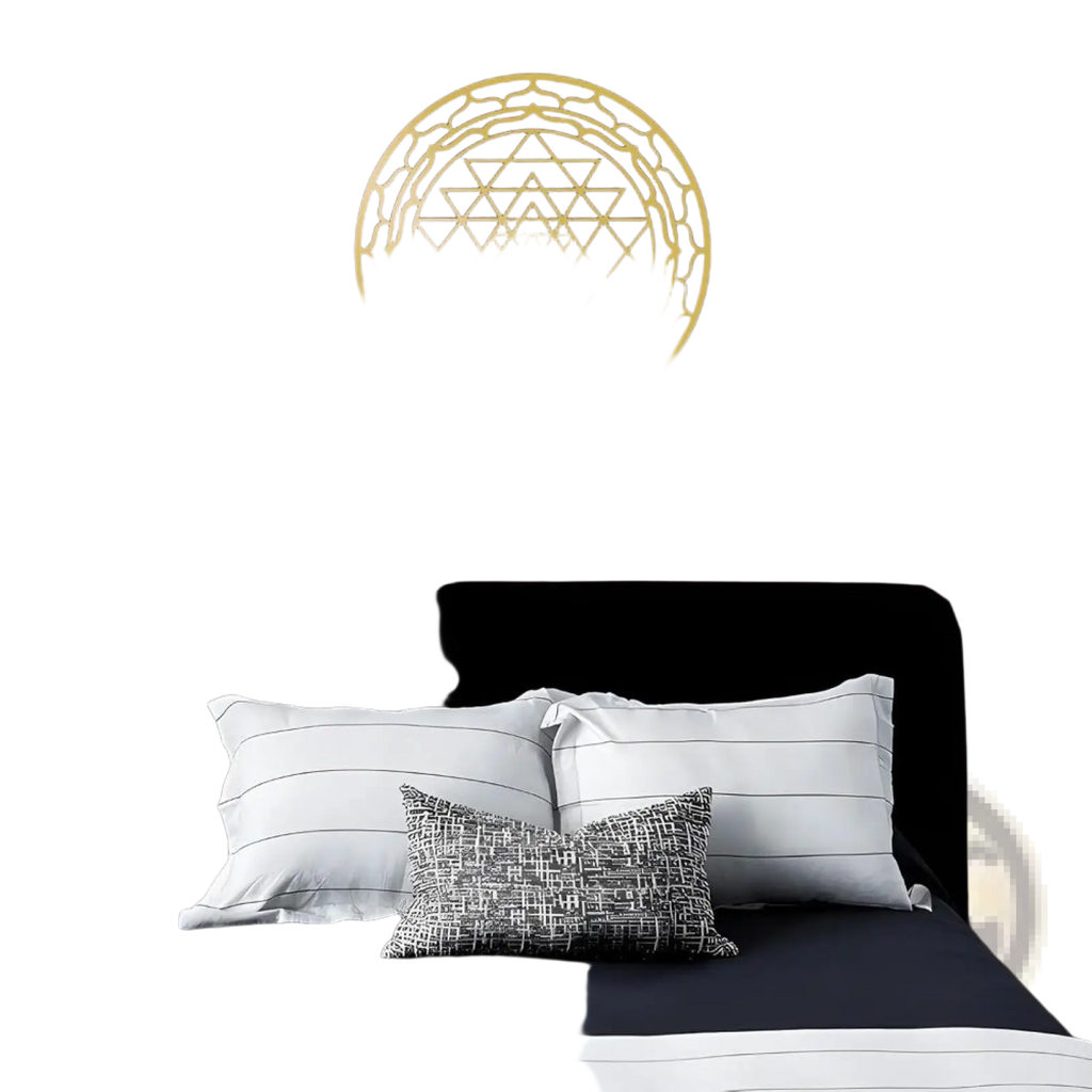 Gold-colored Sri Yantra sacred geometry metal wall art decor featuring intricate triangular and circular patterns