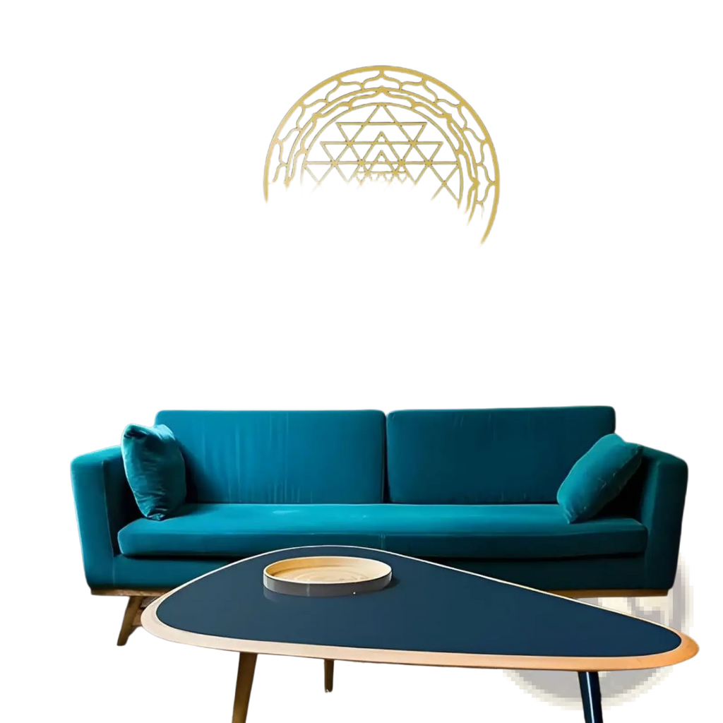 Gold-colored Sri Yantra sacred geometry metal wall art featuring intricate triangular and circular patterns for decor