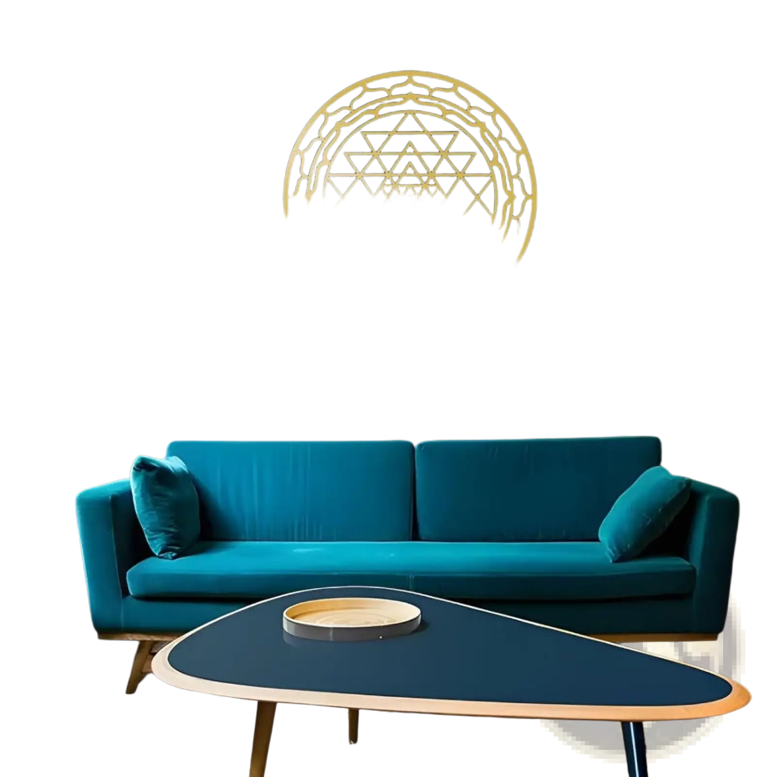 Gold-colored Sri Yantra sacred geometry metal wall art featuring intricate triangular and circular patterns for decor