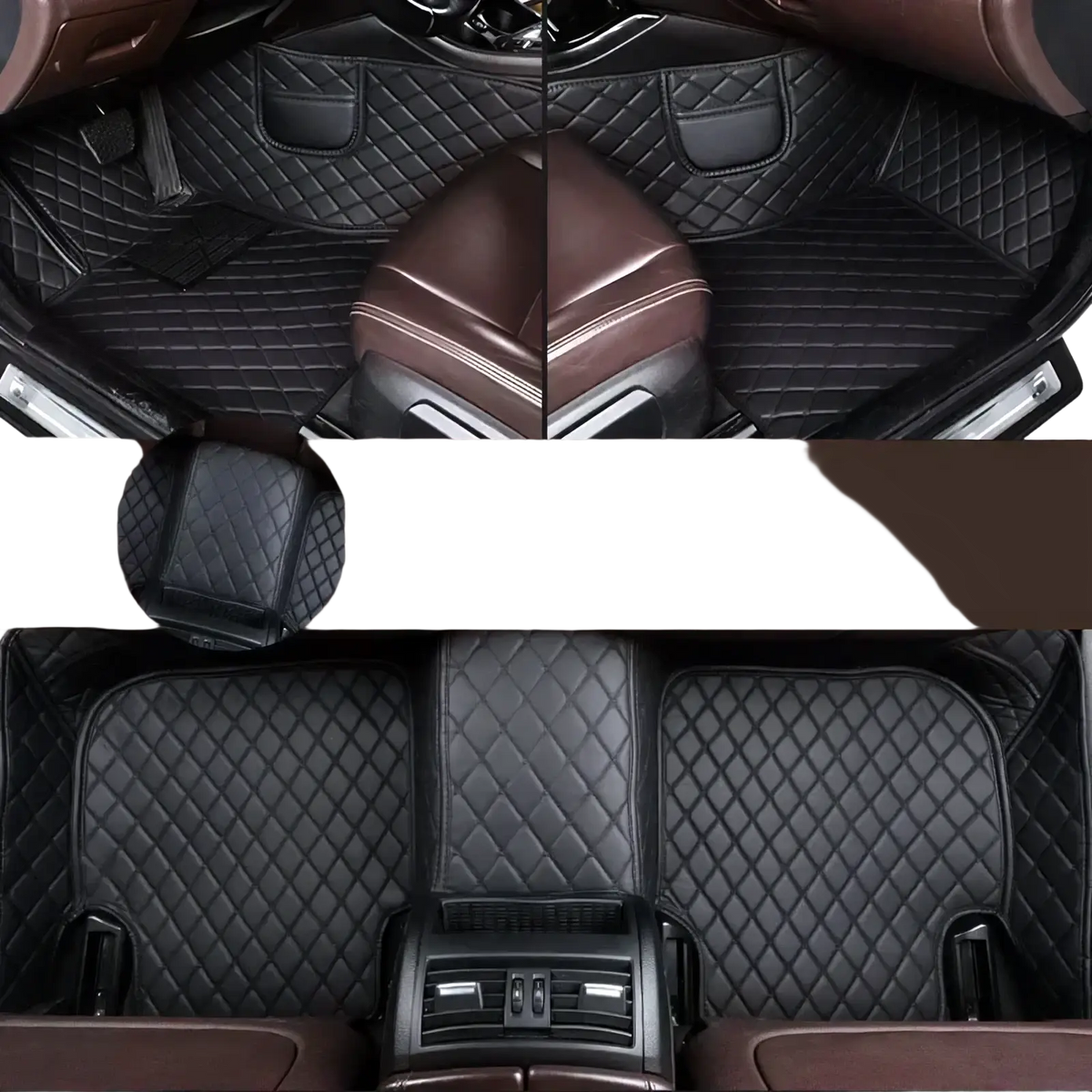 Pure black quilted leather Ssangyong Tivoli custom car floor mats with brown accent trim for interior protection