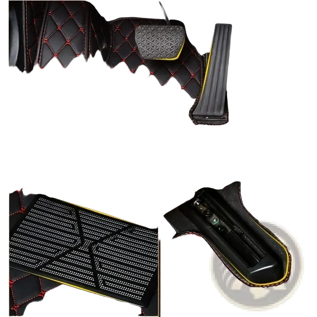 Black quilted leather car floor mats for ssangyong tivoli with red stitching yellow trim and textured grip pattern