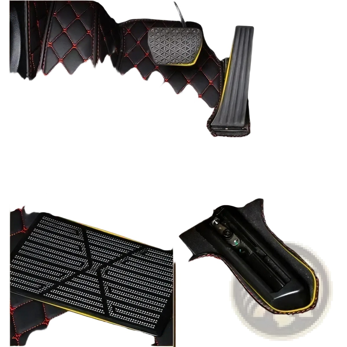 Black quilted leather car floor mats for ssangyong tivoli with red stitching yellow trim and textured grip pattern
