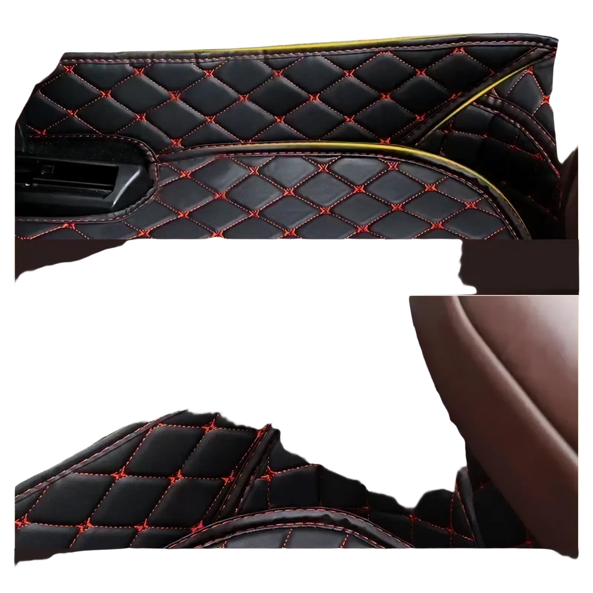 Black quilted leather car floor mat with red stitching and yellow trim for ssangyong tivoli vehicles