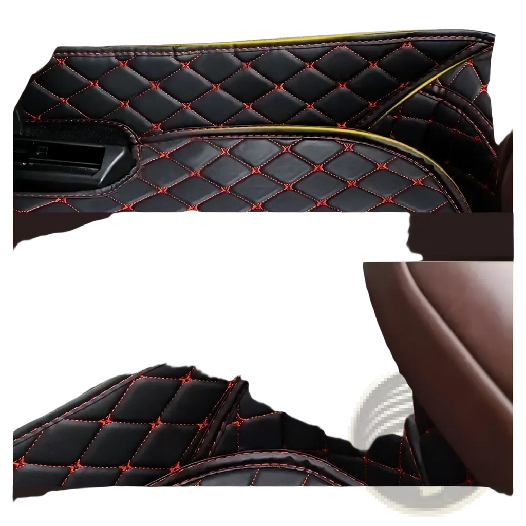 Black quilted leather car floor mat with red stitching and yellow trim for ssangyong tivoli vehicles