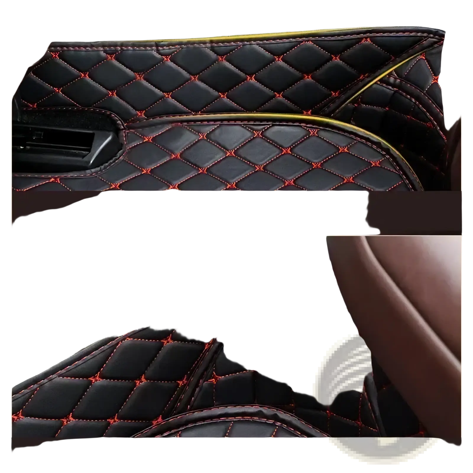 Black quilted leather car floor mat with red stitching and yellow trim for ssangyong tivoli vehicles