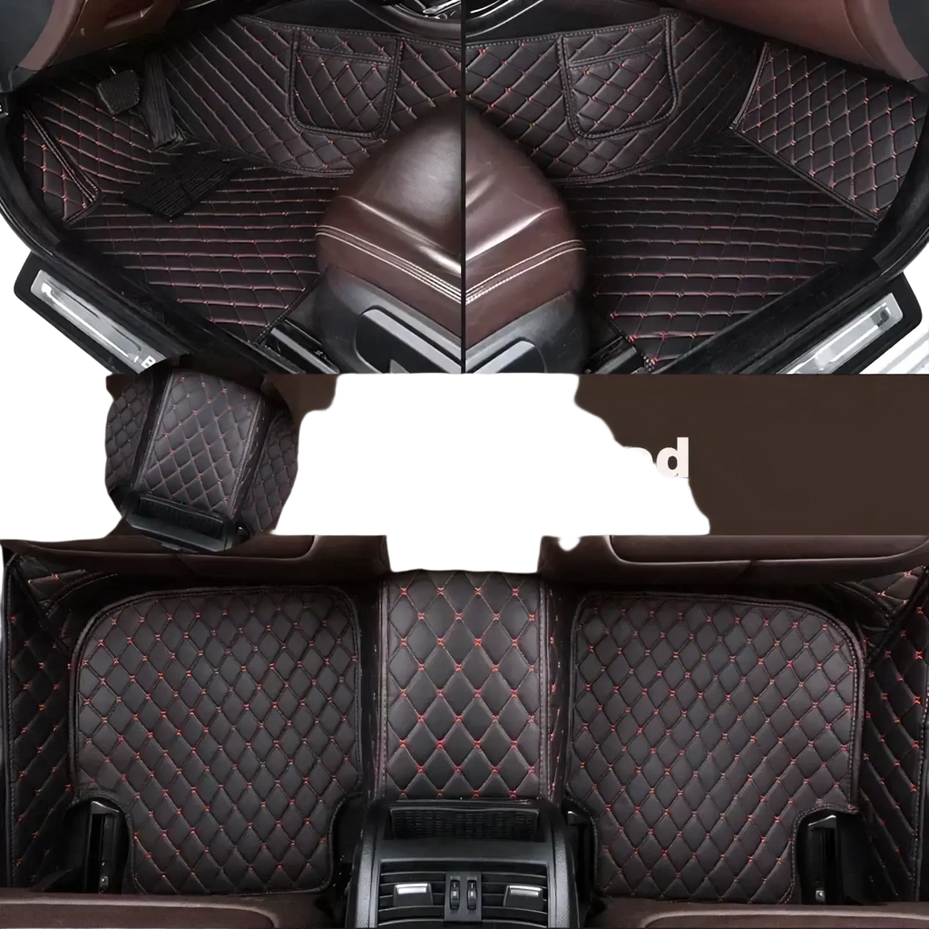 Ssangyong Tivoli custom leather car floor mats in black and red diamond quilted design with stitched detailing