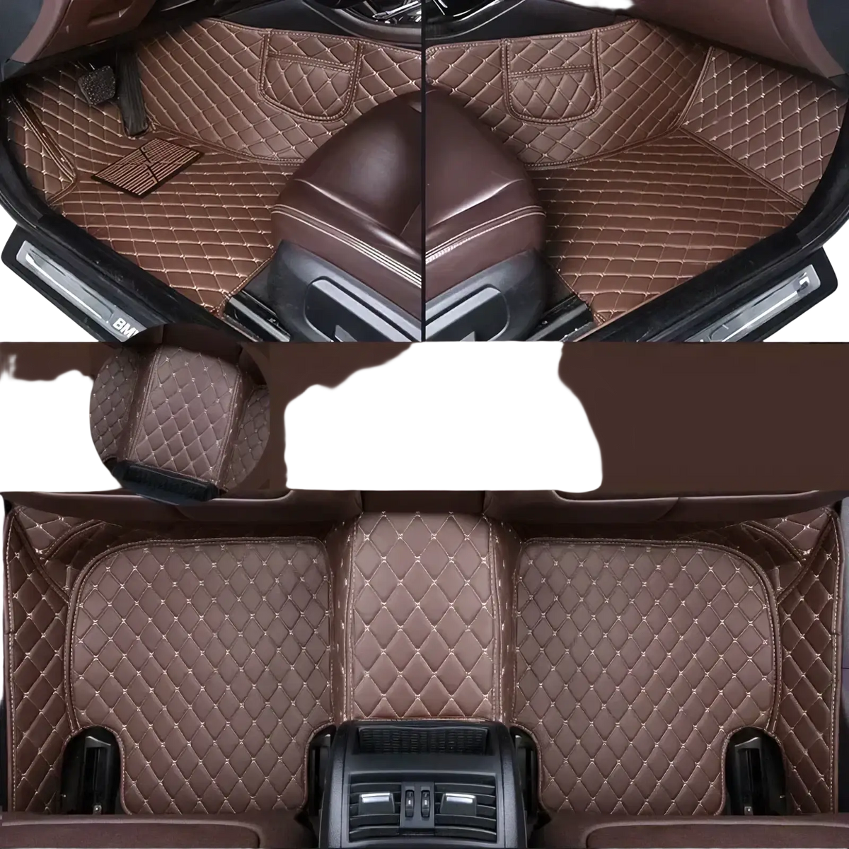 Coffee-colored quilted leather custom car floor mats for Ssangyong Tivoli providing premium protection and style