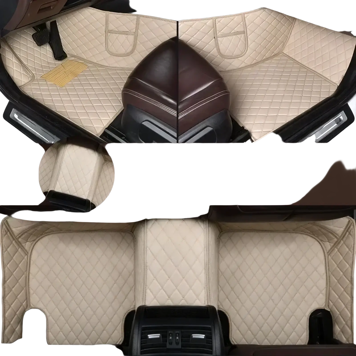Warm beige quilted leather Ssangyong Tivoli car floor mats with diamond stitching and dark brown trim