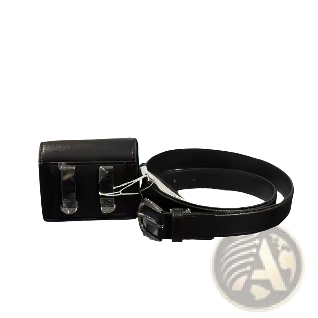 Black leather belt with matching rectangular pouch and transparent plastic clasps for St Andrews women waist bag