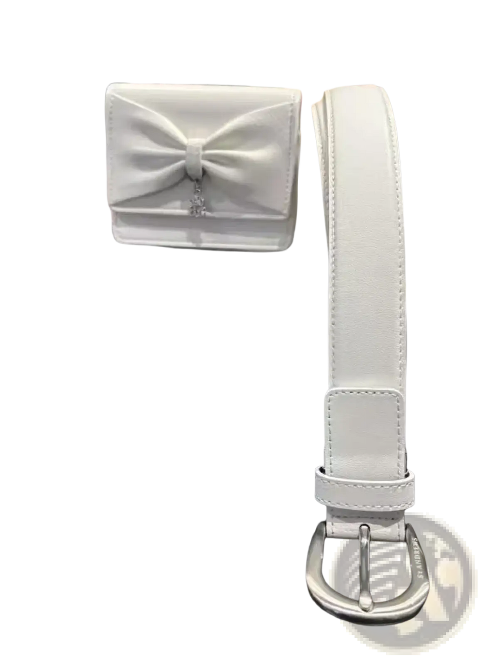 White leather belt with silver buckle and matching white bow-shaped wallet displayed with st andrews women waist bag solid nylon fanny pack