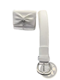 White leather belt with silver buckle and matching white bow-shaped wallet displayed with st andrews women waist bag solid nylon fanny pack