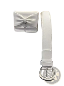 White leather belt with silver buckle and matching white bow-shaped wallet displayed with st andrews women waist bag solid nylon fanny pack