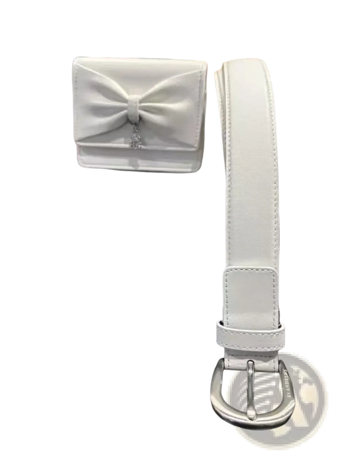 White leather belt with silver buckle and matching white bow-shaped wallet displayed with st andrews women waist bag solid nylon fanny pack