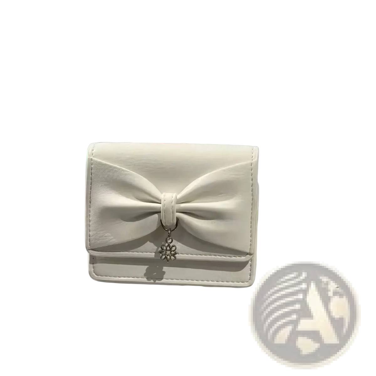 White leather wallet with a prominent bow and dangling flower charm featured with st andrews women waist bag nylon fanny pack