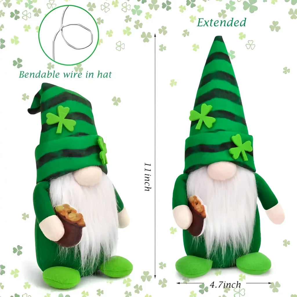 Green and black striped plush st patricks day gnome with white beard shamrock hat holding small brown pot