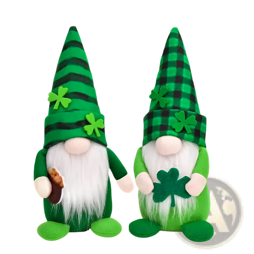 Two plush st patricks day gnomes with plaid shamrock decor in green and white fabric for festive display