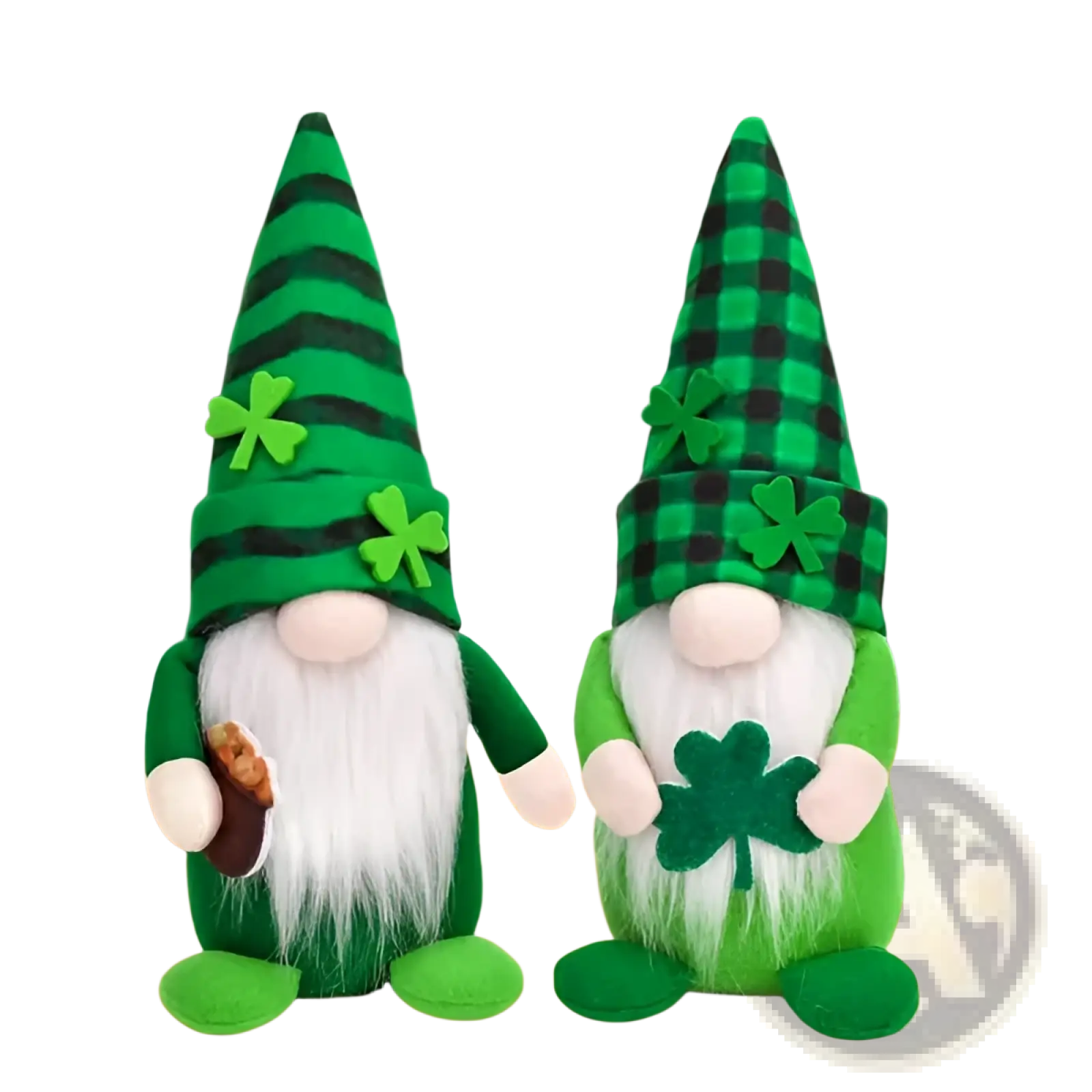Two plush st patricks day gnomes with plaid shamrock decor in green and white fabric for festive display