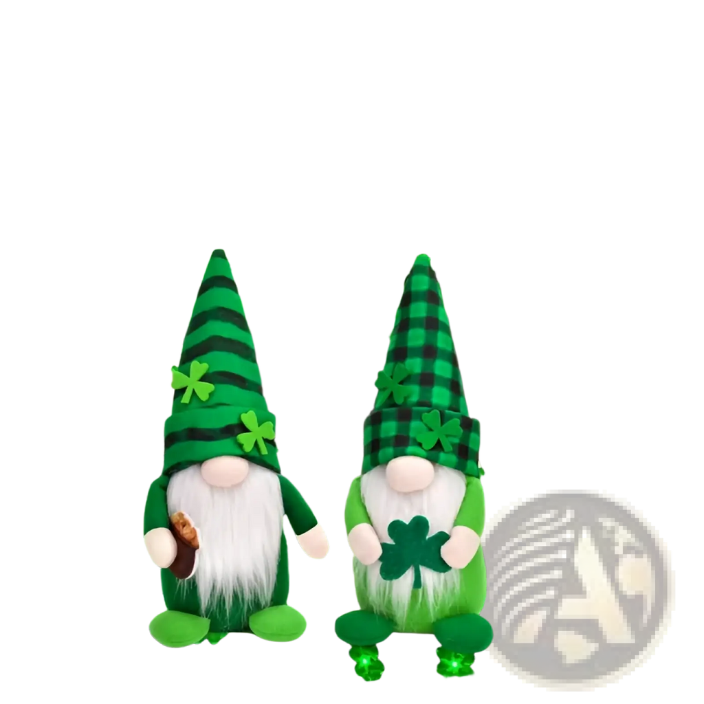 Two plush green and black plaid leprechaun gnome figurines with white beards and shamrock hat decorations one holding a brown object