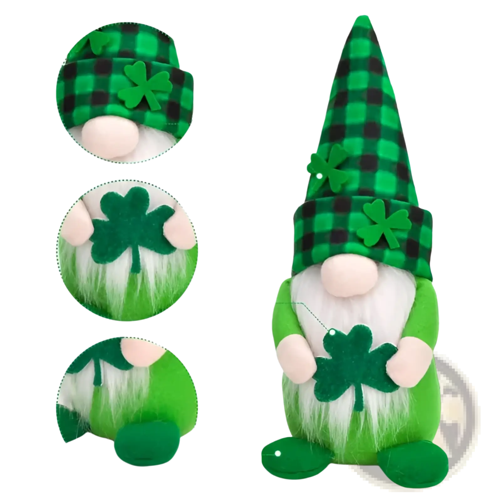 Green and black plaid fabric st patricks day gnomes with shamrock decor 2 pack front view
