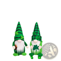 Two plush green and black plaid leprechaun gnome figurines with white beards shamrock hats and one holding a four leaf clover