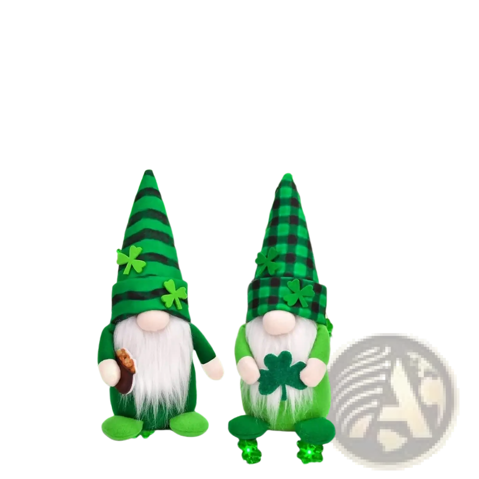 Two plush green and black plaid leprechaun gnome figurines with white beards shamrock hats and one holding a four leaf clover