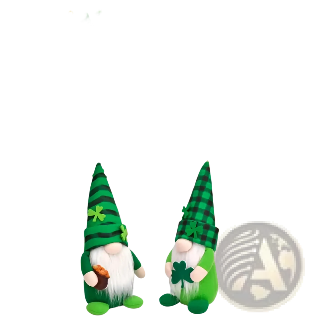 Green and black plaid hat with shamrock emblem worn by plush green gnome figurine from st patricks day gnomes plaid shamrock decor 2 pack