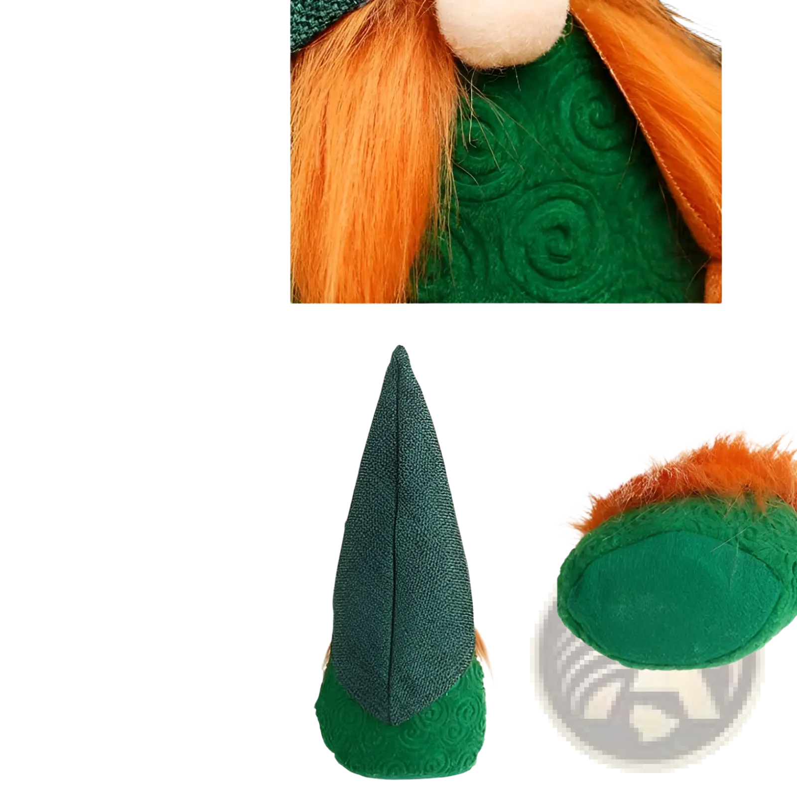 A plush green St Patrick’s Day leprechaun gnome doll with orange yarn hair and embroidered shamrock felt outfit