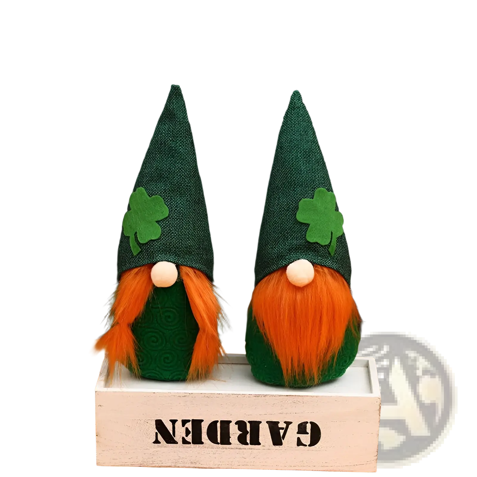 Two identical green St Patricks Day leprechaun gnome plush dolls with orange beards and shamrock hat patches