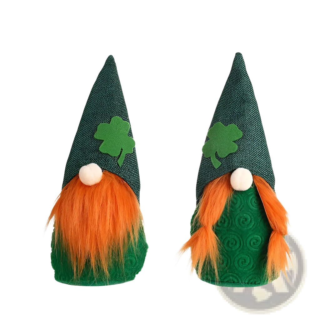 Two festive st patricks day leprechaun gnome plush dolls in green and orange felt with hats and beards