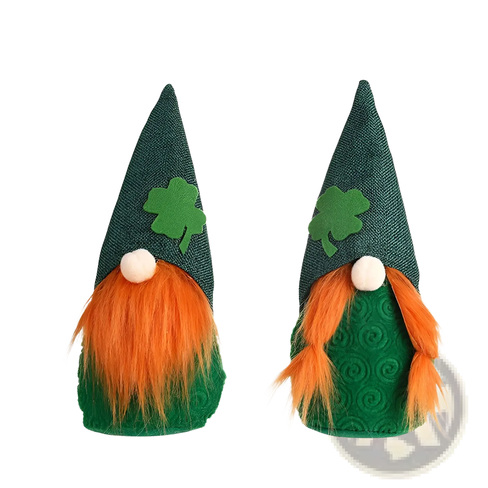 Two festive st patricks day leprechaun gnome plush dolls in green and orange felt with hats and beards