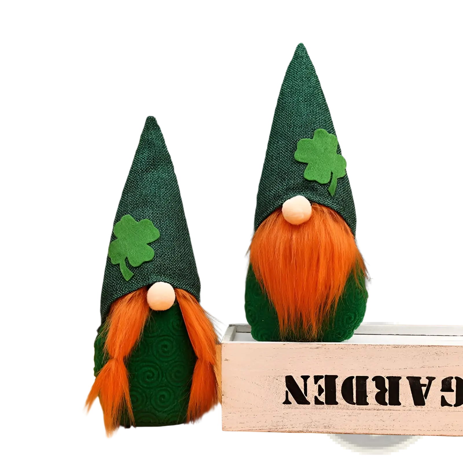 Two green felt St. Patrick’s Day leprechaun gnome plush dolls with orange beards and shamrock decorations