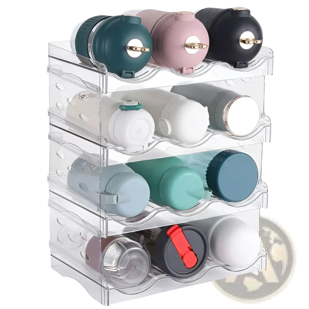 Clear plastic four-tier stackable 12 bottle storage rack holding assorted colored bottles with gold and red accents