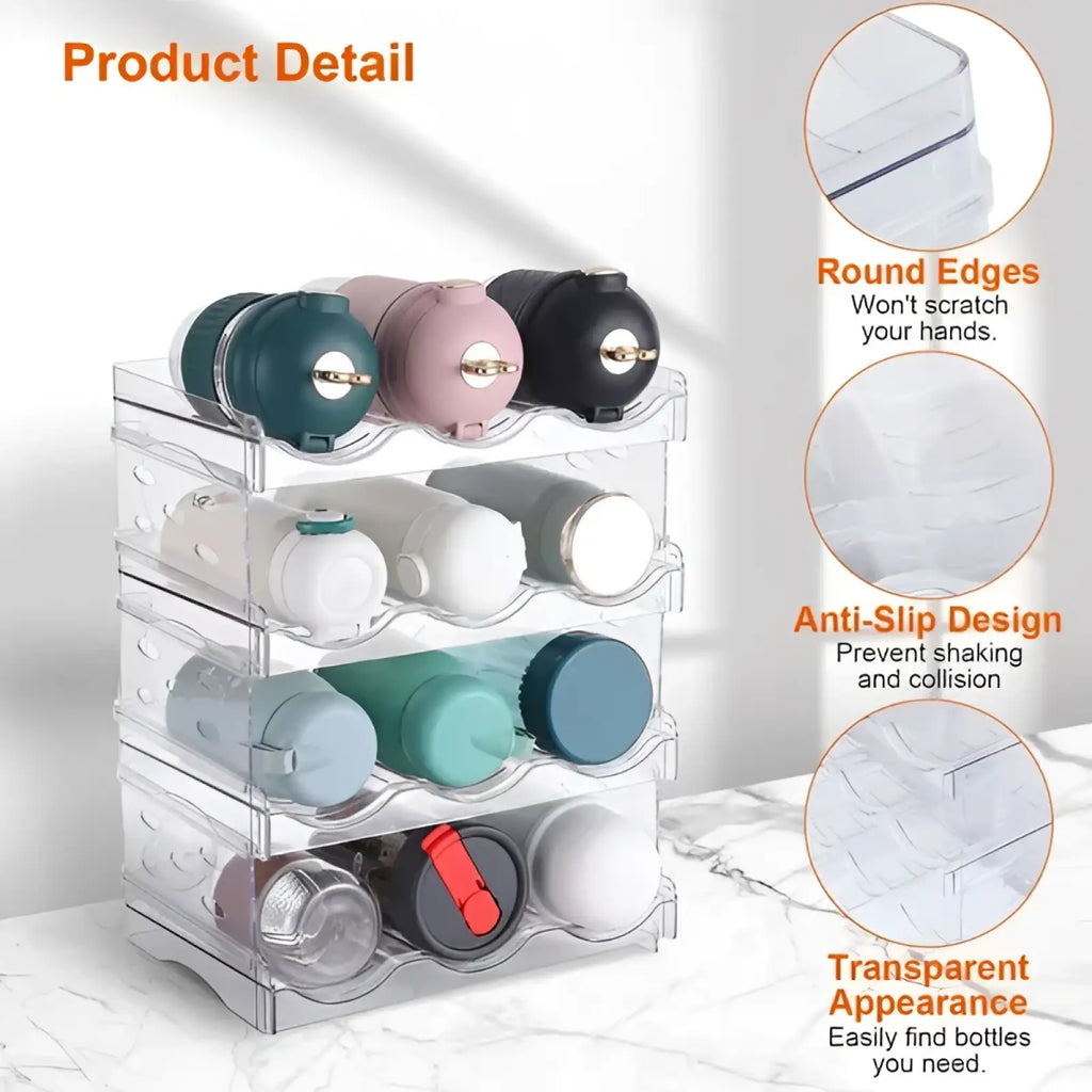 Clear plastic stackable 12 bottle storage rack with rounded edges and anti-slip design for organized bottle storage
