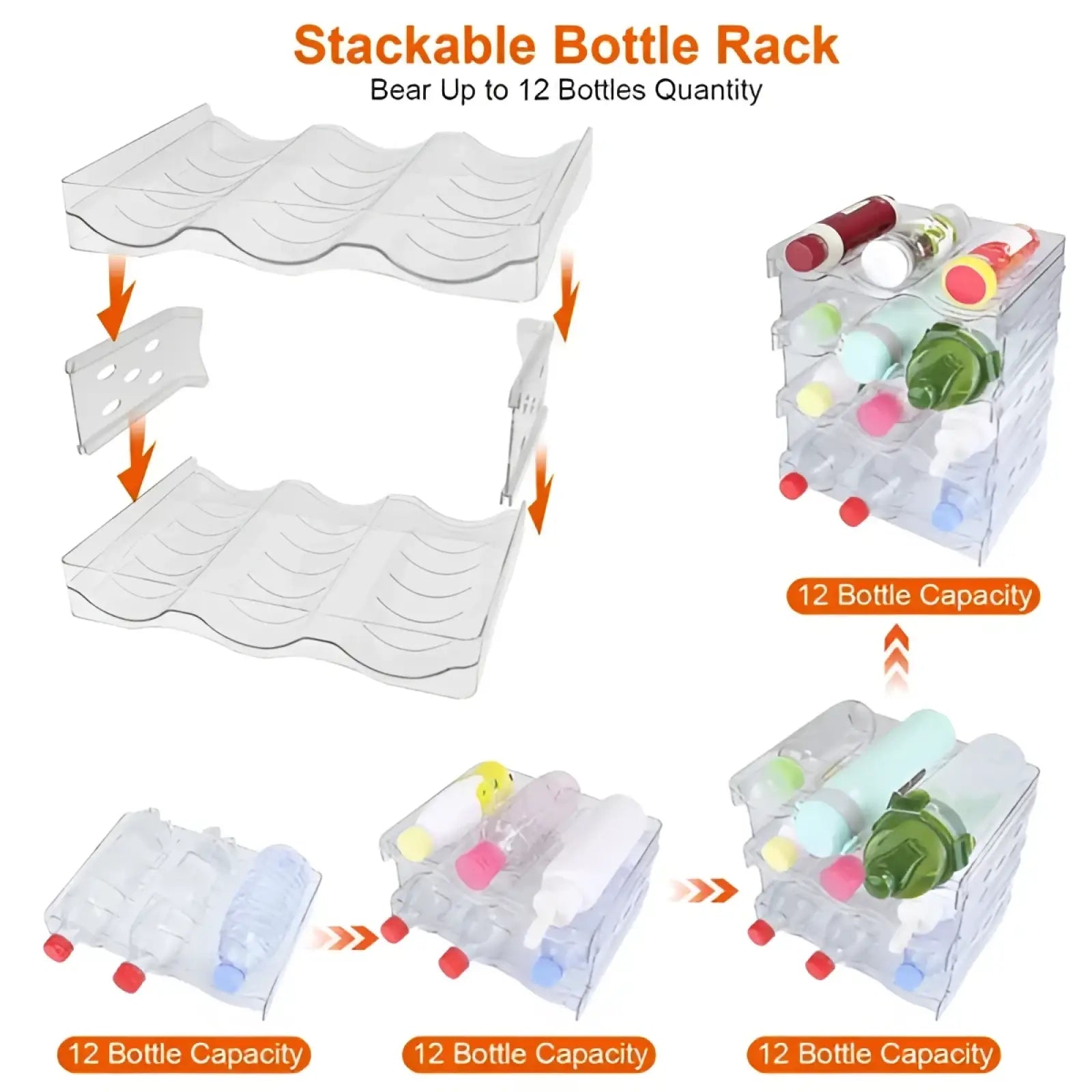 Stackable 12 bottle storage rack 4 tier clear plastic holder with wave ridges and red feet for water bottles