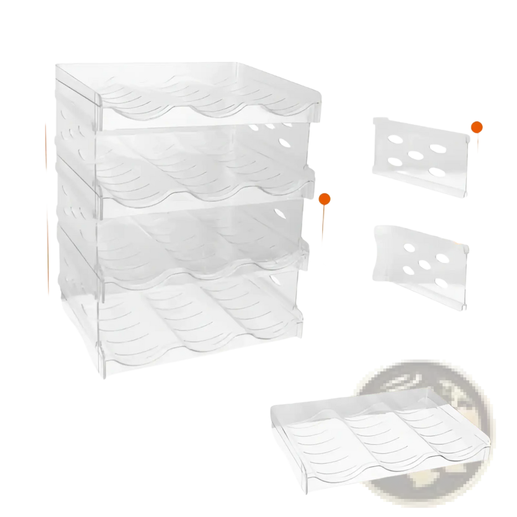 Clear plastic stackable 12 bottle wine rack with wave-shaped dividers and 4 tier design for organized storage