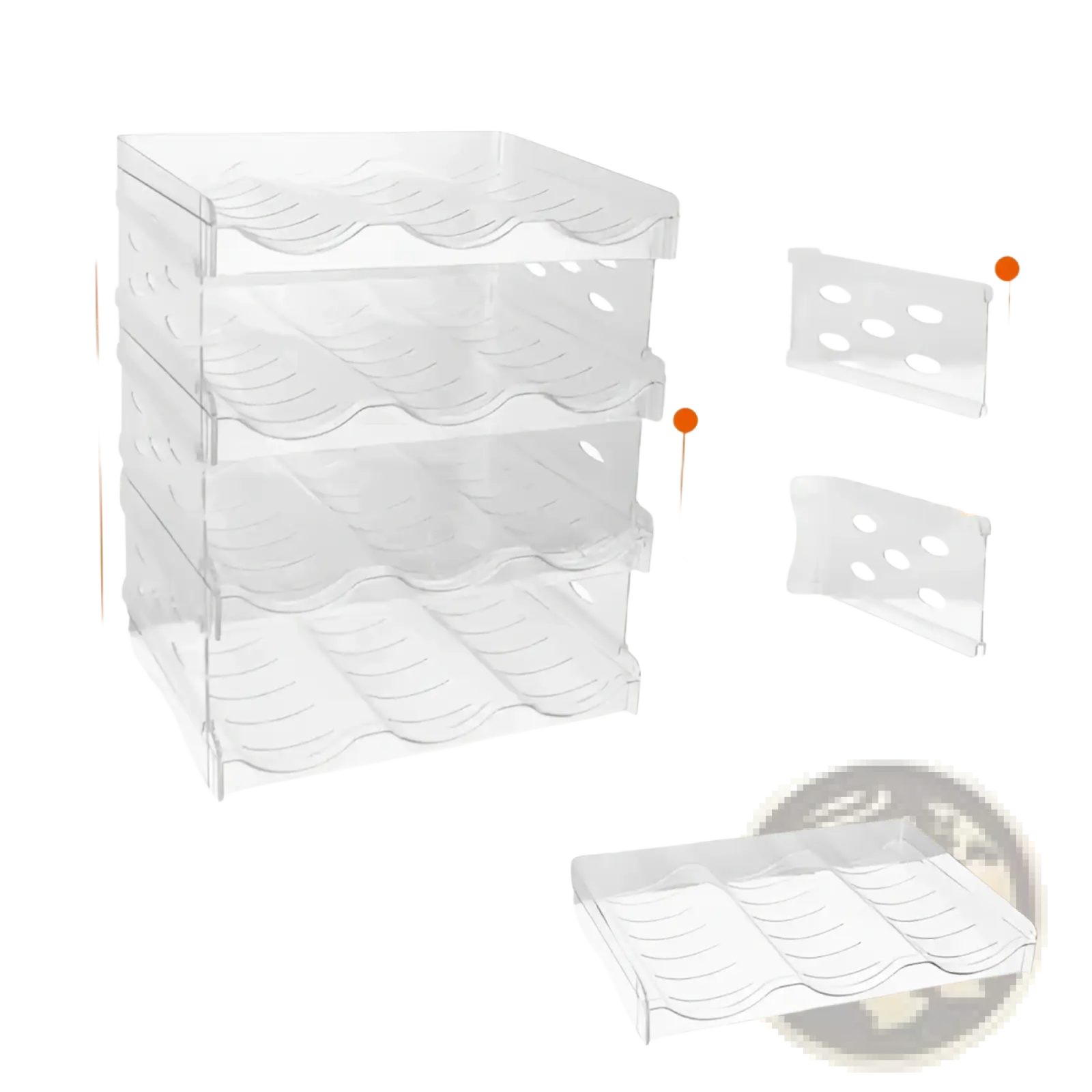 Clear plastic stackable 12 bottle wine rack with wave-shaped dividers and 4 tier design for organized storage