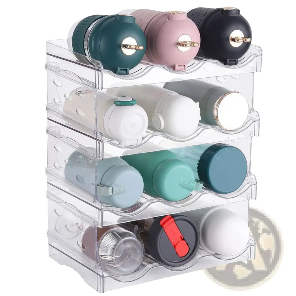Clear acrylic stackable 12 bottle storage rack with four tiers holding assorted colored water bottles